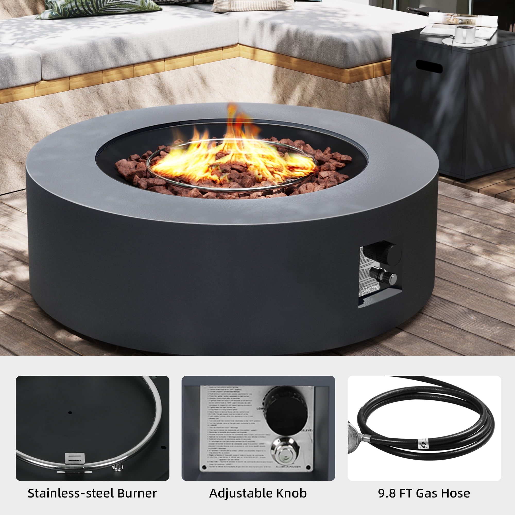 UPHA 42-inch Outdoor Propane Round Fire Pit Table 50000 BTU Iron Gas FirePit for Outside Patio with Tank Cover, Removable Lid, Lava Rocks, Rain Cover, Grey