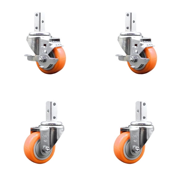 3 Inch Orange Polyurethane Wheel Swivel 7/8 Inch Square Stem Caster Set 2 Brakes