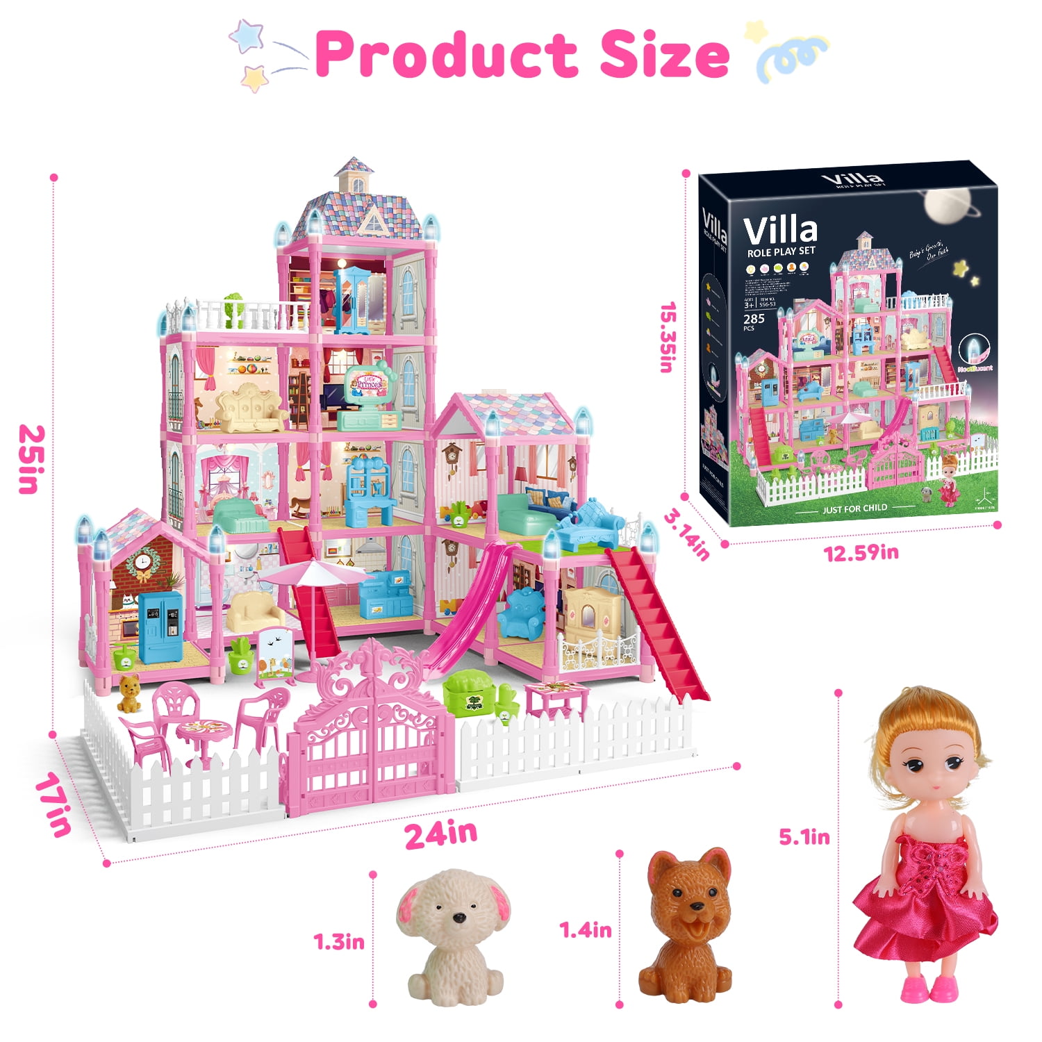 JoyStone 10 Rooms DollHouse, Huge Dollhouse Playset with LED Lights, Dolls, Furnitures, Accessories with Play Mat DIY Pretend Play Toys Gifts for Kids
