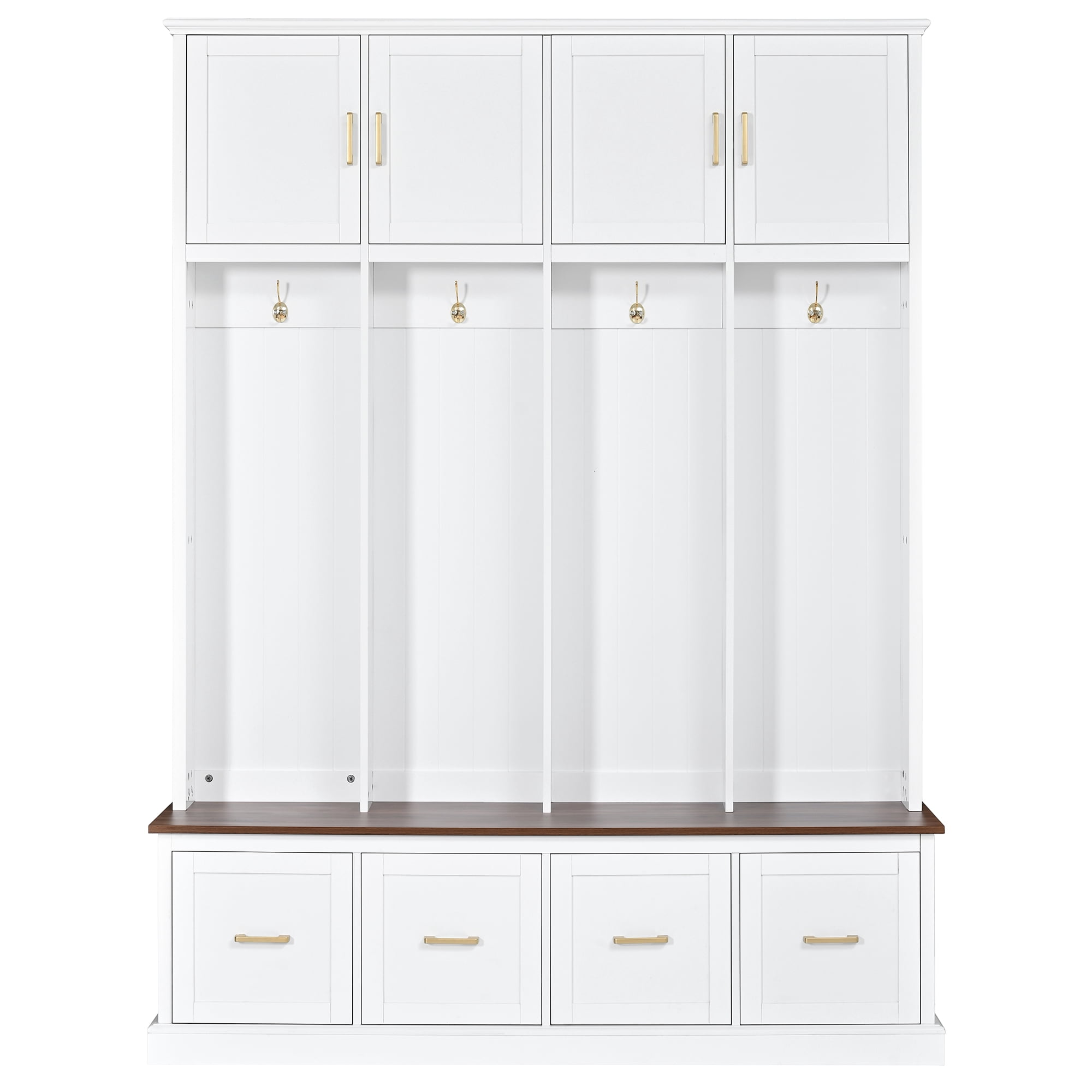 Howcool Farmhouse 59"W Hall Tree with 4 Hooks & Shoe Storage Bench,Entryway Organizer Mudroom Furniture with Upper Cabinets,Drawers,White