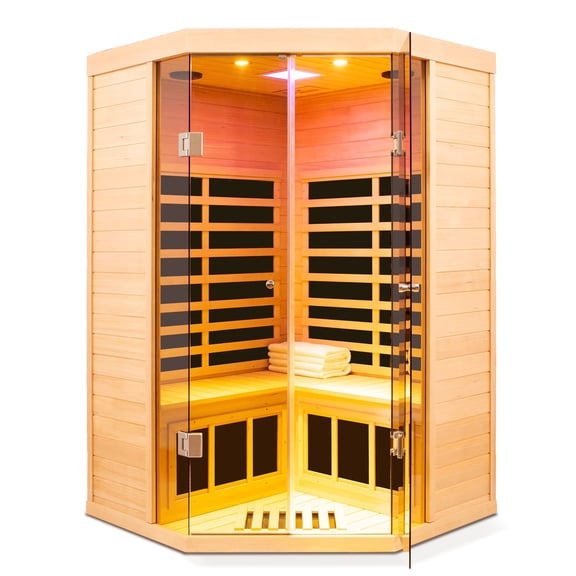2-3-Person Hemlock Far Infrared Corner Sauna Room, 1520W Power, Large Glass Front Deluxe Transparent Version