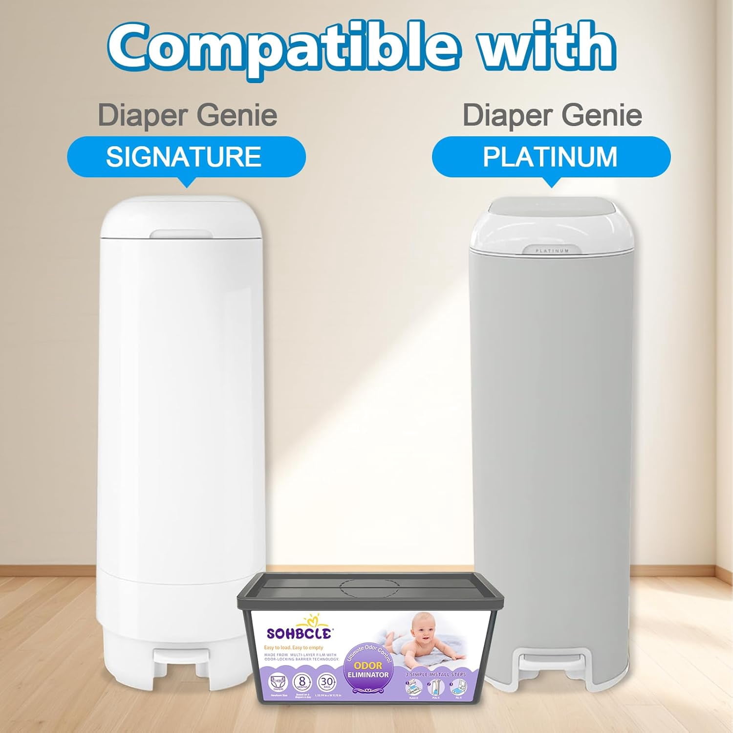 Refills Compatible with Genie Easy Roll Signature Diaper Pail and Platinum Diaper Pail, 60 Bags Hold up to 2800 Newborn Diapers, Extra Thickness Powerful Odor Eliminate, Fresh Fragrance Easy to Use