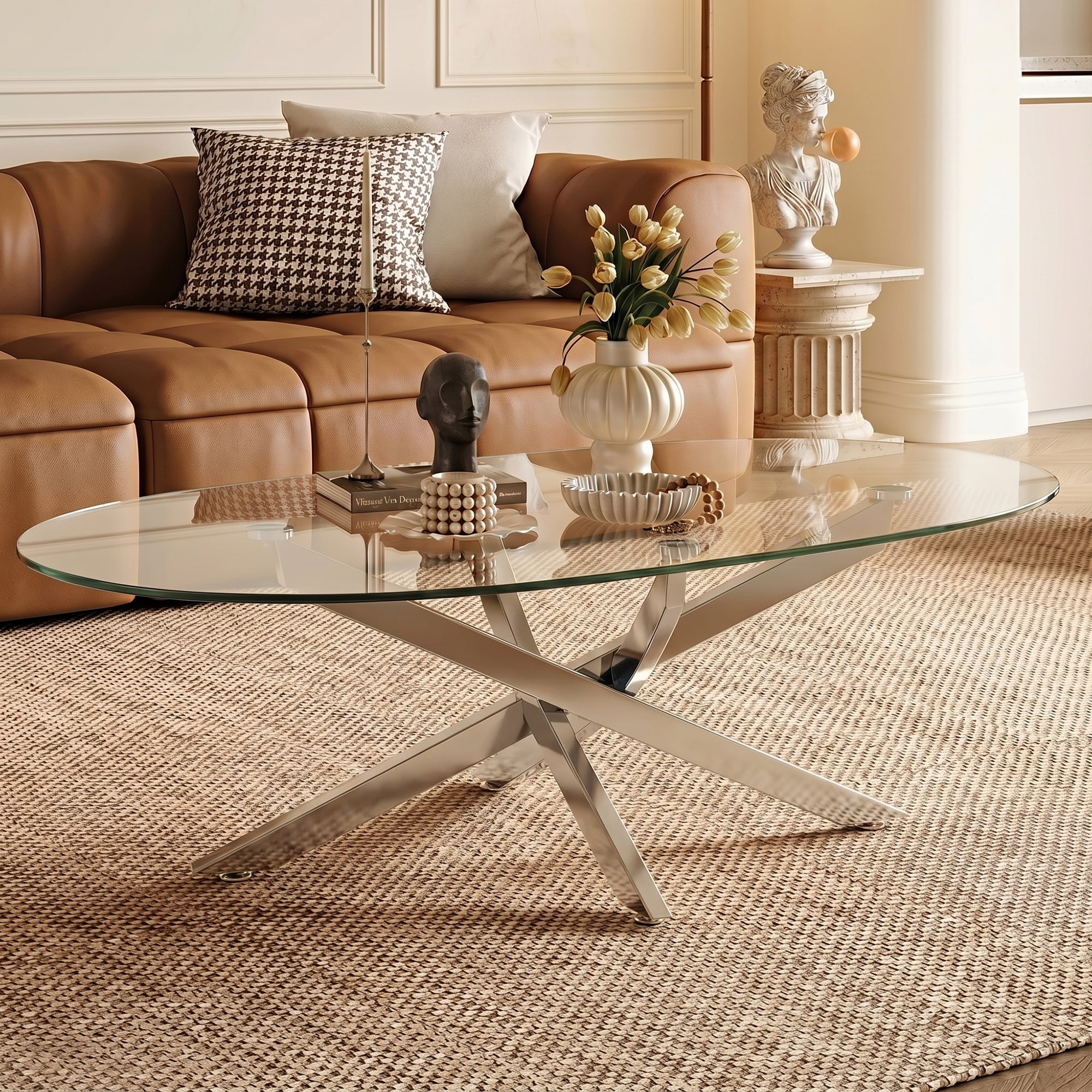 Oval Coffee Table with Tempered Glass Top and Silver Metal Legs, Modern Side Table and Tea Table for Living Room, 39.37 Inch, Silver