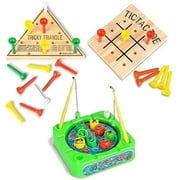 Gamie 4-Piece Travel Activity Set for Kids & Adults Ages 4+, Character Group Included – Mini Tic-Tac-Toe, Triangle, Table Soccer & Fishing