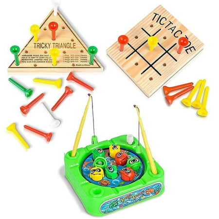 Gamie 4-Piece Travel Activity Set for Kids & Adults Ages 4+, Character Group Included – Mini Tic-Tac-Toe, Triangle, Table Soccer & Fishing