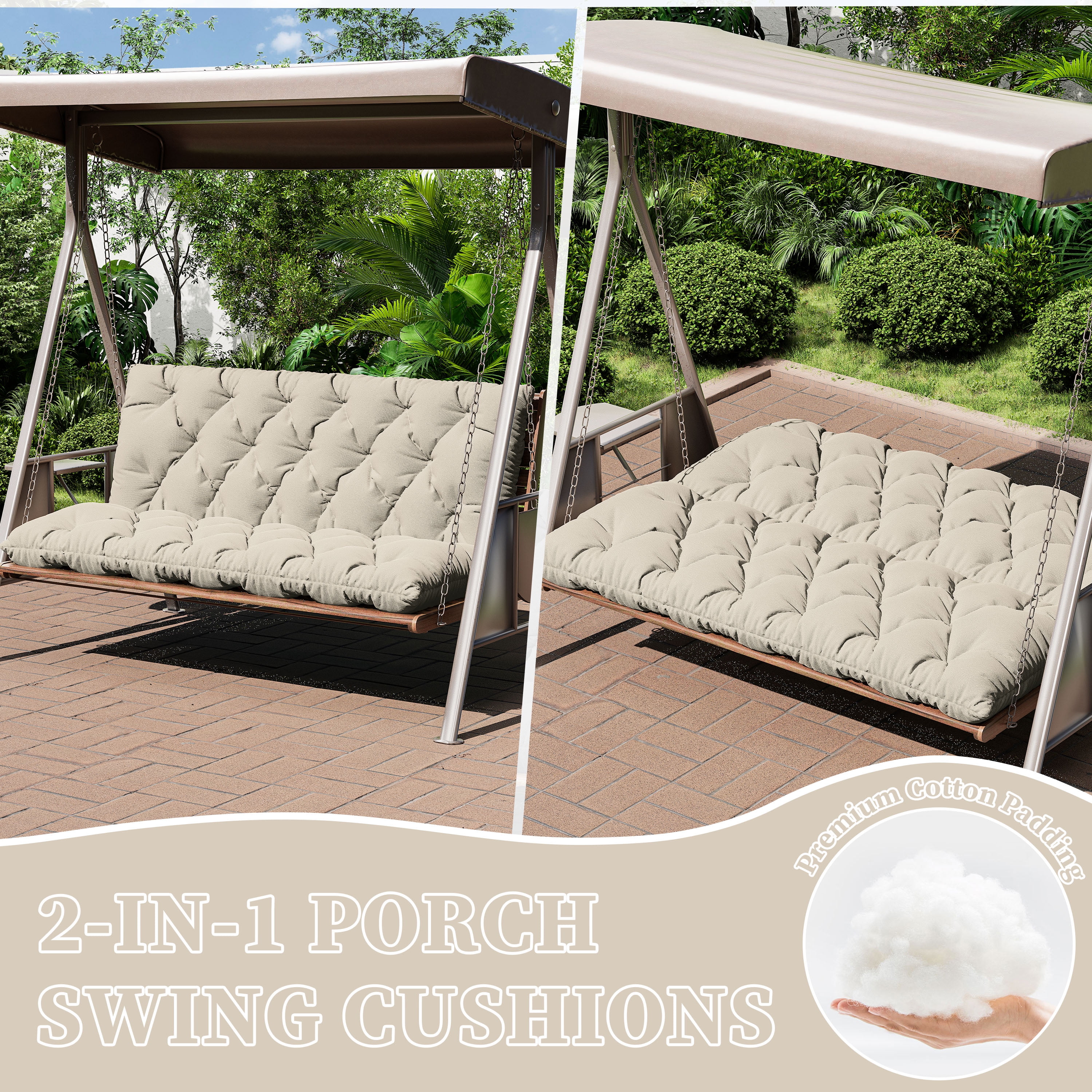 Snubbull Swing Replacement Cushion, Outside Bench Cushion with Backrest, 2-3 Seater Cushion with 6 Ties for Outdoor Furniture, 60 x 40 x 5 Inches Porch SwingCushion Garden Bench, Cream