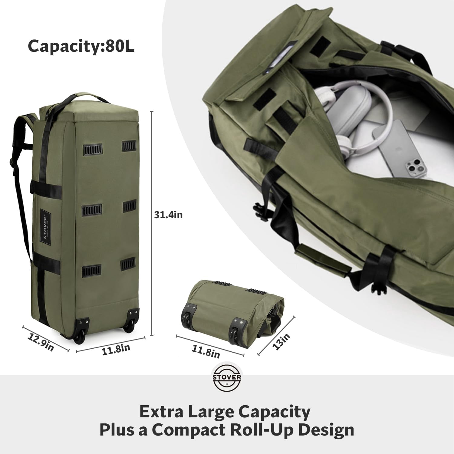 STOVER 80L Rolling Duffel Bag w/ Wheels, X-Large Durable Backpack + Toiletry Bag (Green)
