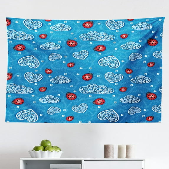 Ladybugs Tapestry, Spring Theme Flowers Bug and Butterflies Transformation Morph Print, Fabric Wall Hanging Decor for Bedroom Living Room Dorm, 2 Sizes, Pale Green, by Ambesonne
