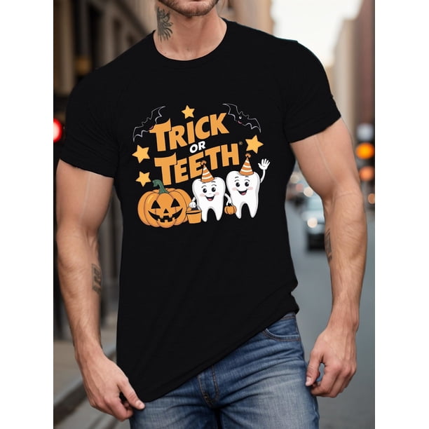 Halloween T-Shirt, Pumpkin & Teeth Printed, Stylish Casual Short Sleeve Top, 100% Cotton, Wear in All Seasons, Machine Washable