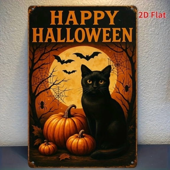 Happy Halloween Black Cat Metal Tin Sign, Vintage Halloween Wall Decor for Indoor Outdoor Porch, 8x12 Inch
