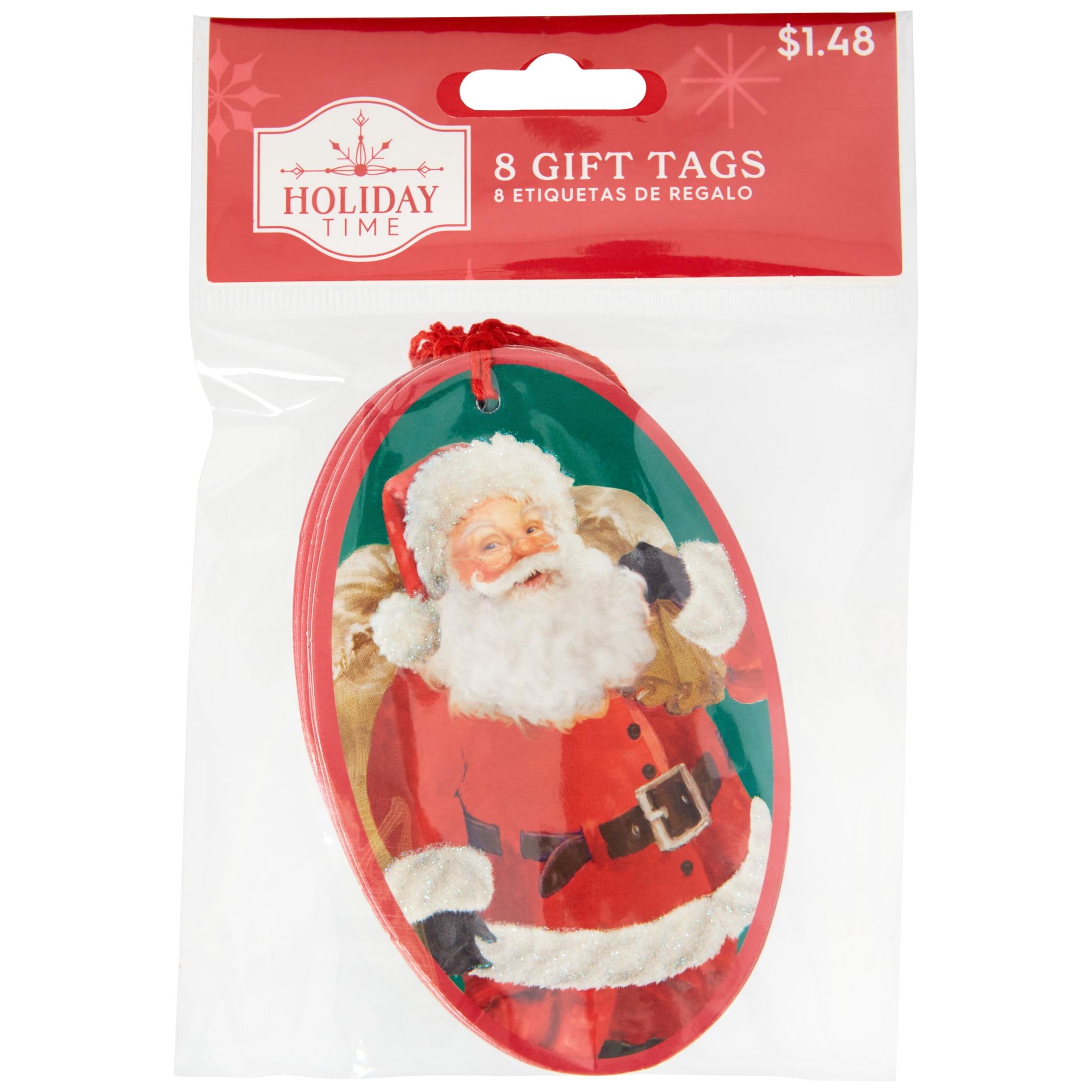 Holiday Time Classic Santa Paper Gift Tags, Red, Iridescent Glitter, 2.5" x 4", 8 Count