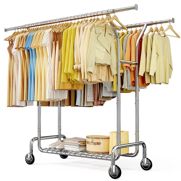 EnHomee Heavy Duty Double Rod Clothes Rack, Adjustable Rolling Garment Rack with Wheels,Expandable Clothing Organizer for Bedroom, Laundry,Chrome