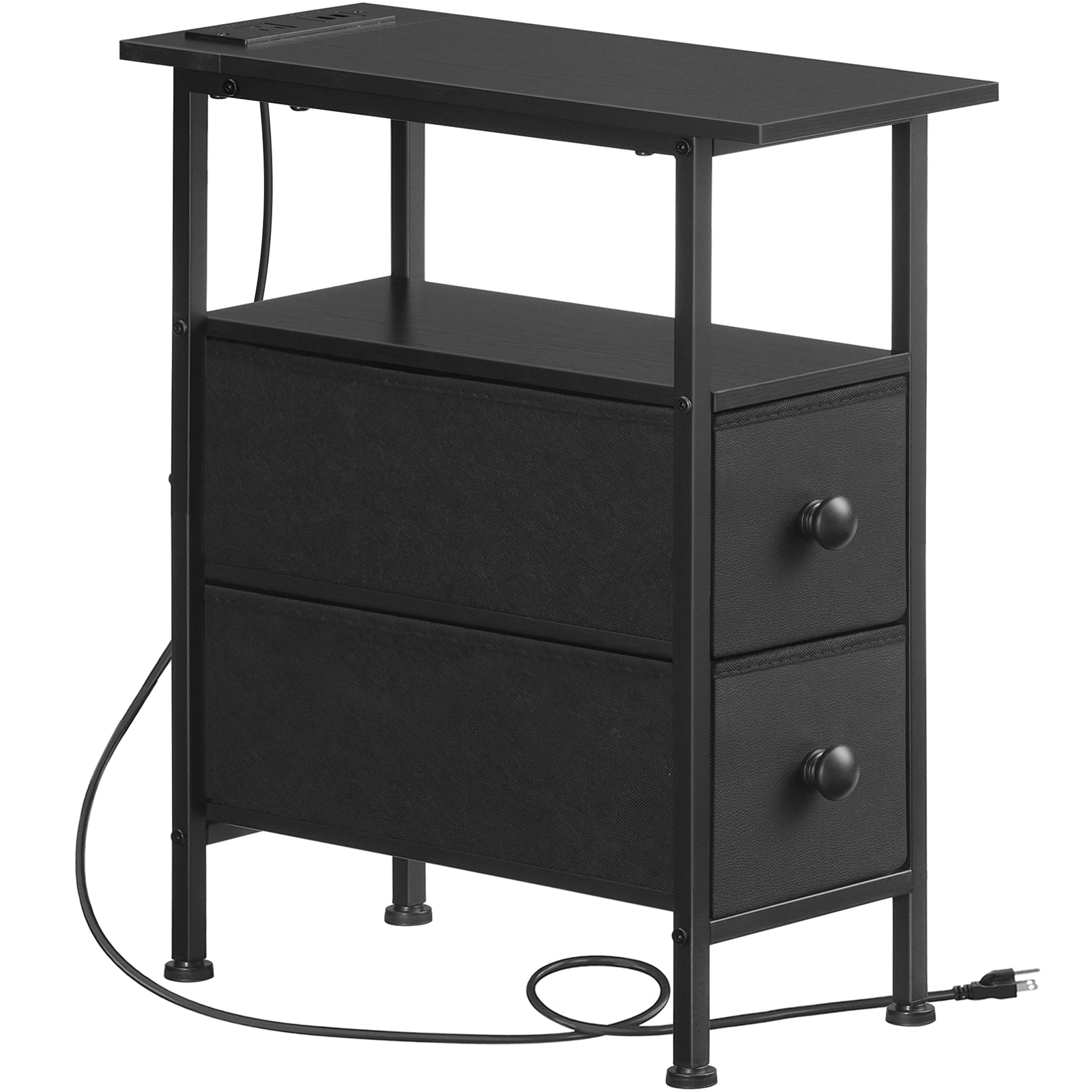 HOOBRO End Table with Charging Station, Narrow Side Table with 2 Fabric Drawers, Skinny Nightstand with Storage, Slim Bedside Table for Bedroom, Living Room, Small Spaces, Black BB487UBZ01