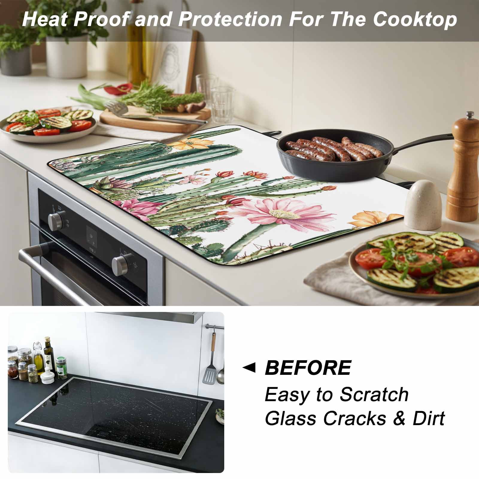 Green Cactus Stove Top Cover for Electric Stove, Heat-proof & Non Slip Glass Top Stove Cover Protector, Spring Floral Watercolor Botanical Kitchen Flat Cooktop Rubber Mat 24x21 Inches