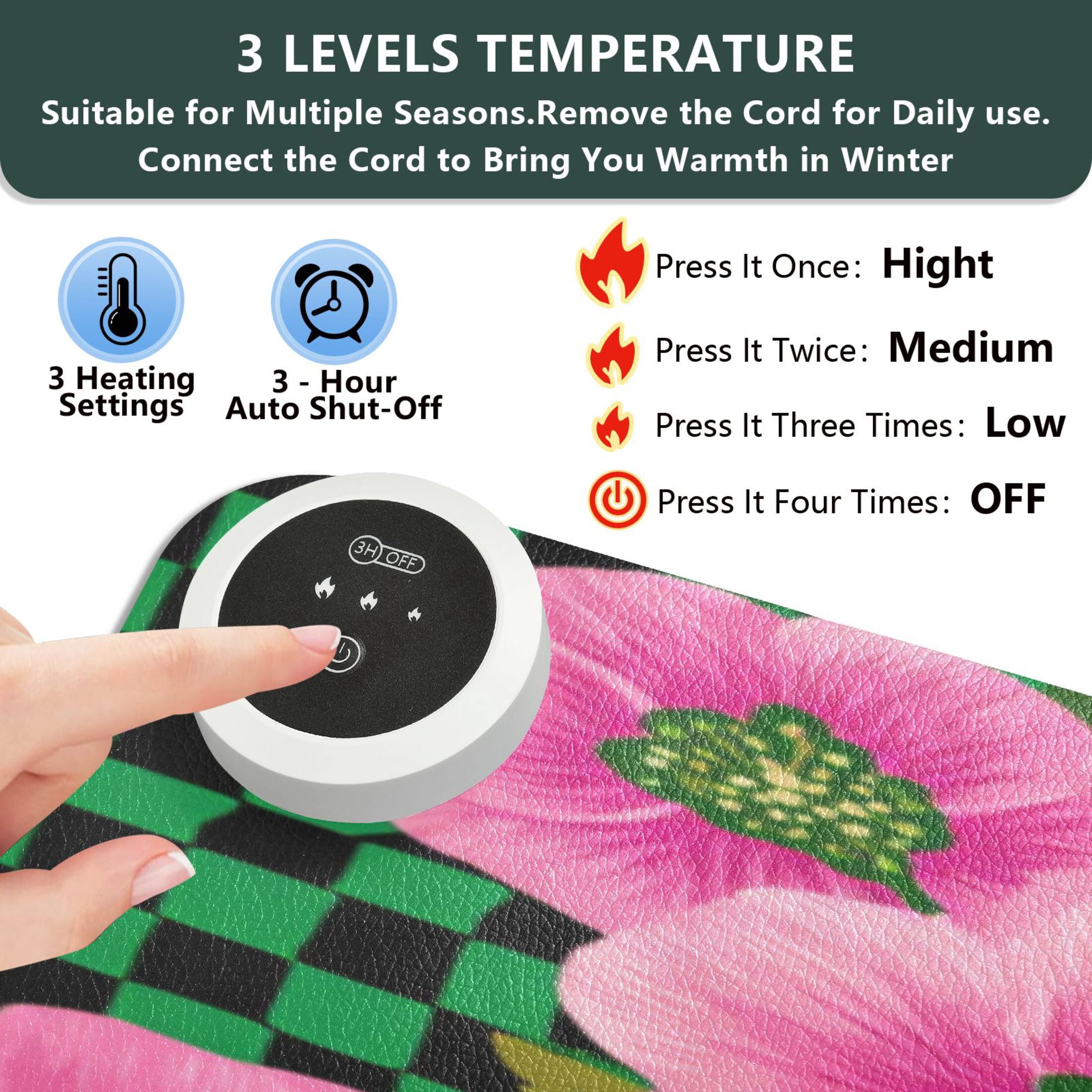 Large Heated Desk Mat Mouse Pad 31.5"x13"PU Leather Graphene Heating Desk Warmer with 3 Temperature Settings 110V US Plug Non-Slip Warm Pad for Home, Office, and Gaming Groovy Green and Pink Flowers