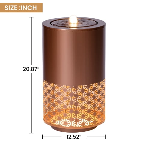 20" Metal Outdoor Water Fountain with LED Lights, Modern Candle Style Cutout Water Feature for Patio Garden Backyard Decor, Brown