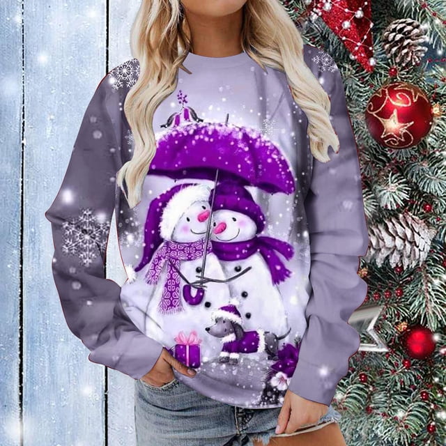 Sweats à Capuche pour Filles Femmes Manches Longues Casual Impression de Noël Pull Col Rond Tunique Tops Filles Sweats à Capuche