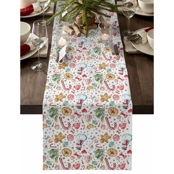 Christmas Table Runner Gingerbread Man Cookies Table Runners Candy Cane Snowman Cotton Linen Dresser Scarf Kitchen Dining Table Decor for Christmas Holiday Party Decor 13x36 Inch