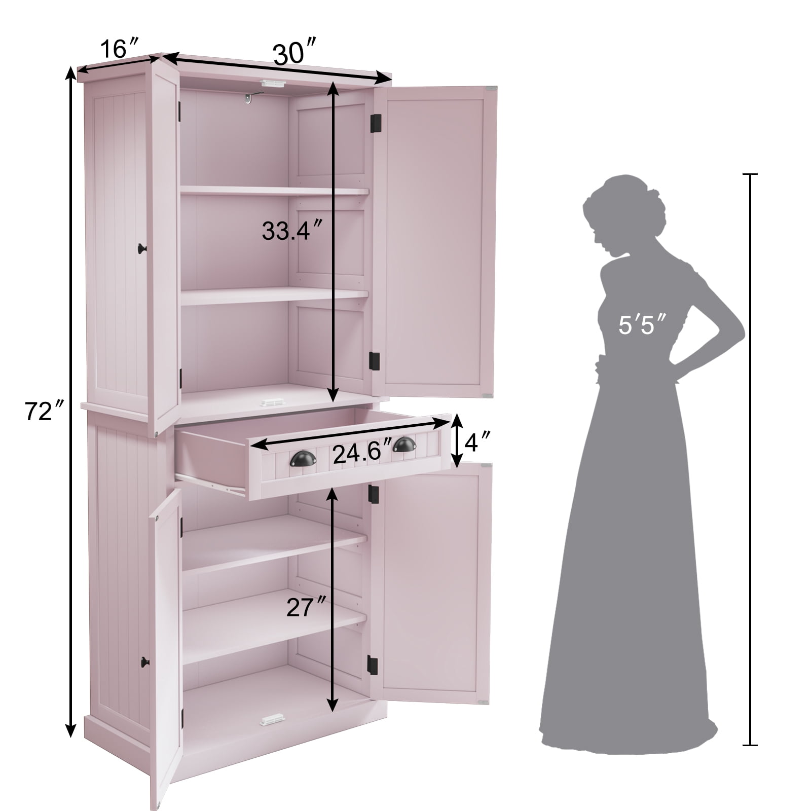 72" Tall Kitchen Pantry Cabinet with Drawer & Adjustable Shelves, Freestanding Storage Cabinet, Pink