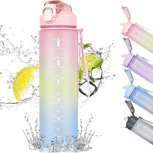Botella de agua motivacional para deportes, jarra de agua de 1 l a prueba de fugas sin BPA con pajita y correa de transporte, diseño de boca ancha para una fácil limpieza y colocación de cubitos de