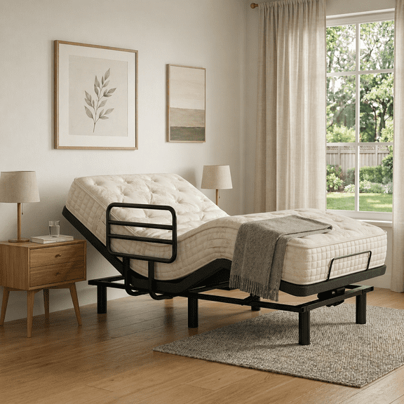 Adjustable Twin XL Bed Base with One Safety Rail, Electric Bed Frame for Home Care, Extra Bedside Support for Safer Sleep and Getting In and Out of Bed, Wireless Remote, Zero Gravity, Underbed Light