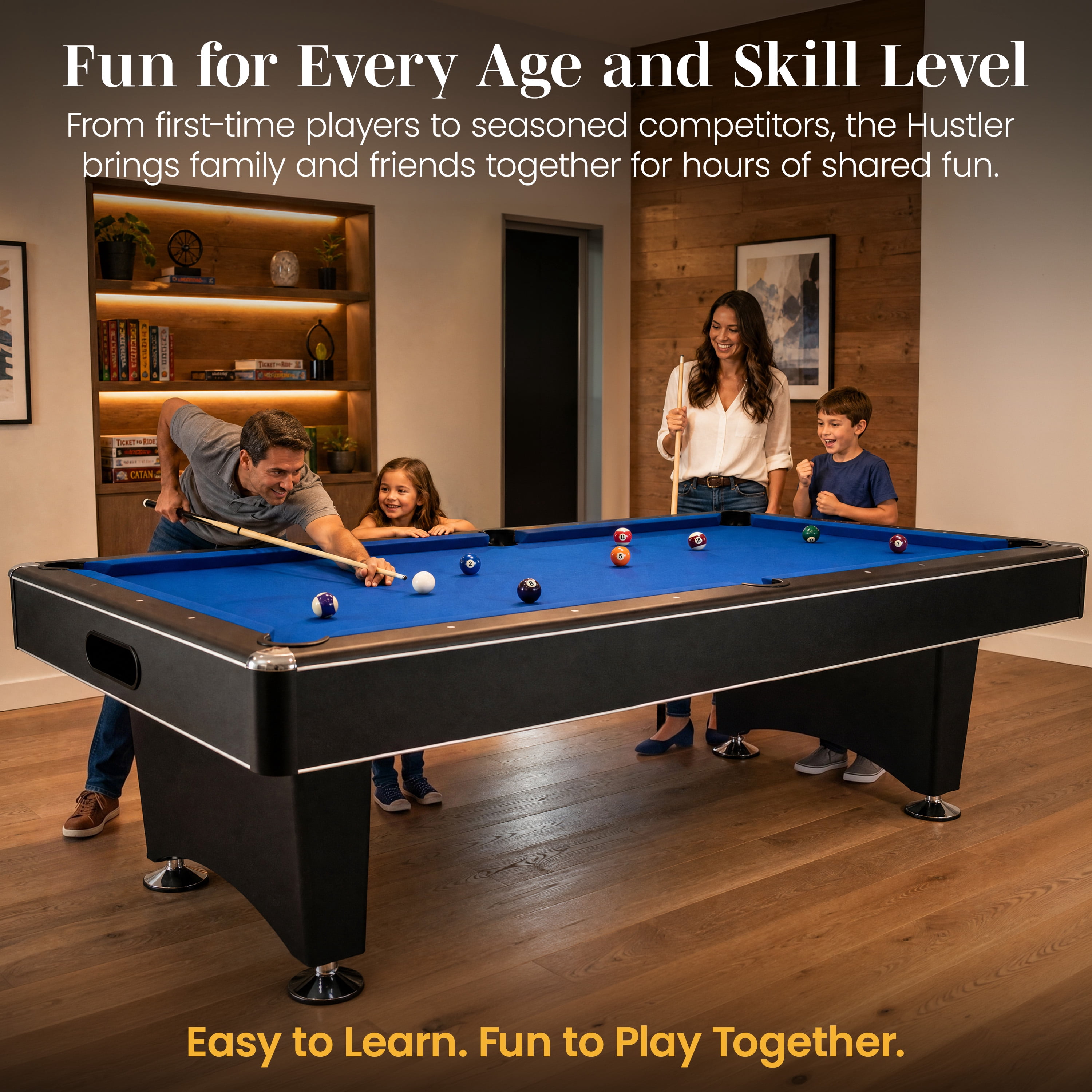Hathaway Hustler 8ft Pool Table for Game Room – Billiard Table with Poly-Coated Playfield, Ball Return System, Leg Levelers – Includes Cues, Pool Balls, Chalk, Triangle, Brush – Black & Blue