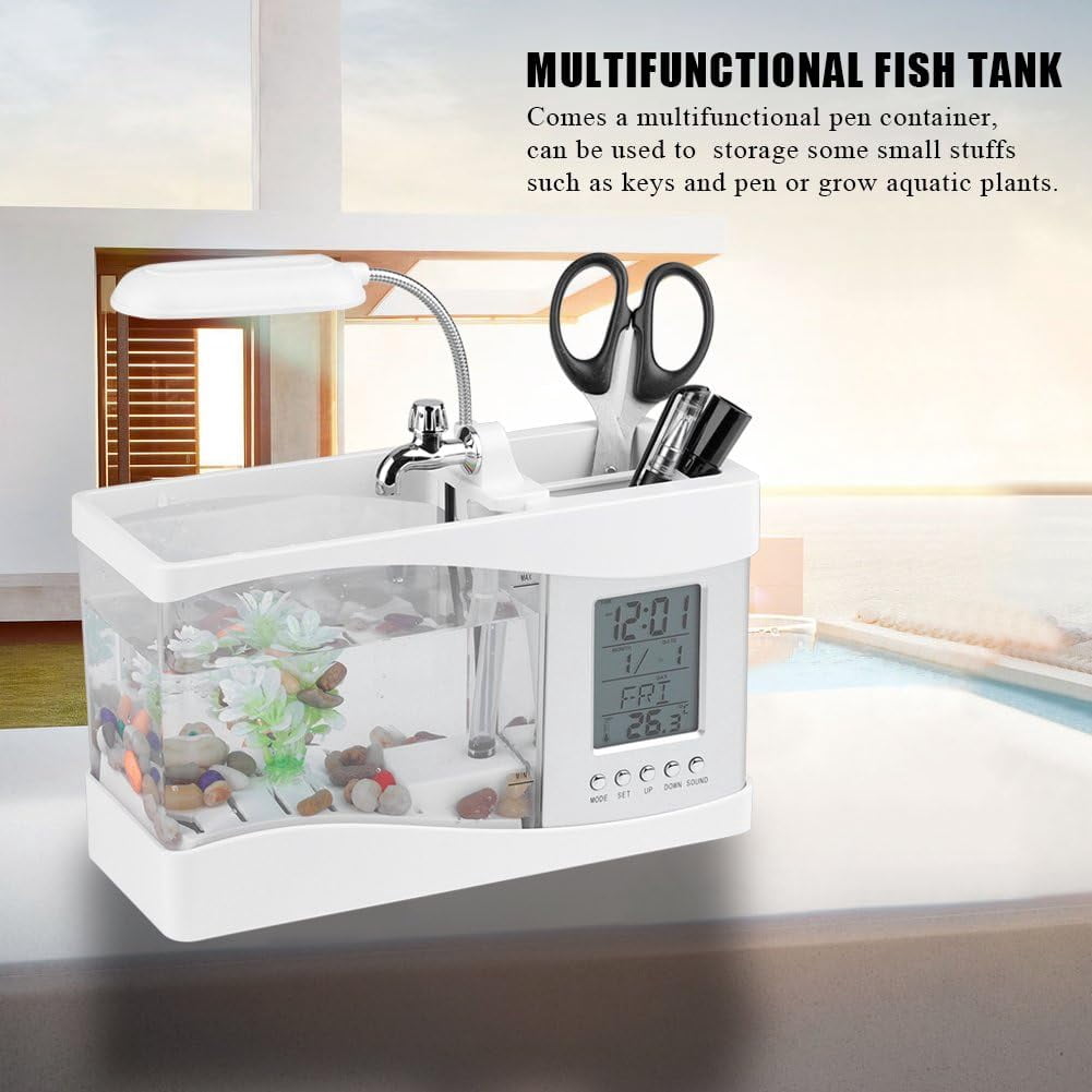 USB Rechargeable Mini Fish Tank, LED Aquarium with Clock and Pen Holder, White