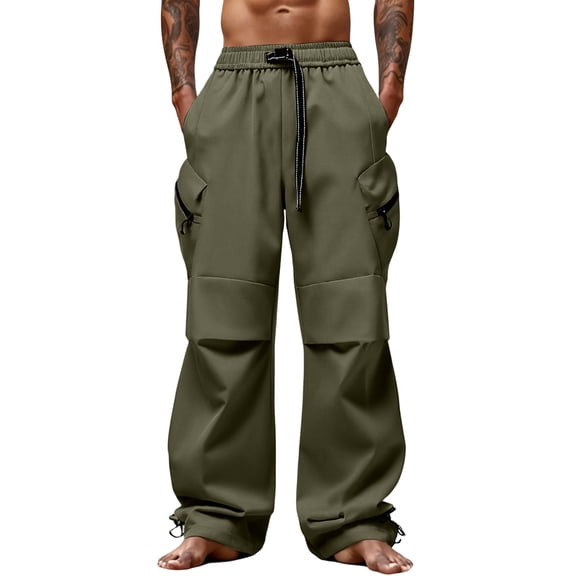 Men’s Loose Fit Drawstring Waist Cargo Pants with Zippered Pockets Adjustable Hem Streetwear Trousers for Daily Wear