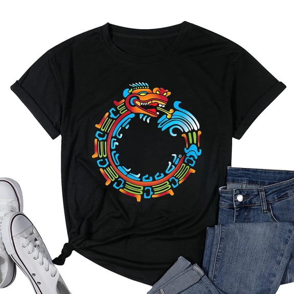 Womens Ouroboros Quetzalcoatl Feathered Serpent Aztec Mayan Round Neck T-Shirt Black Small