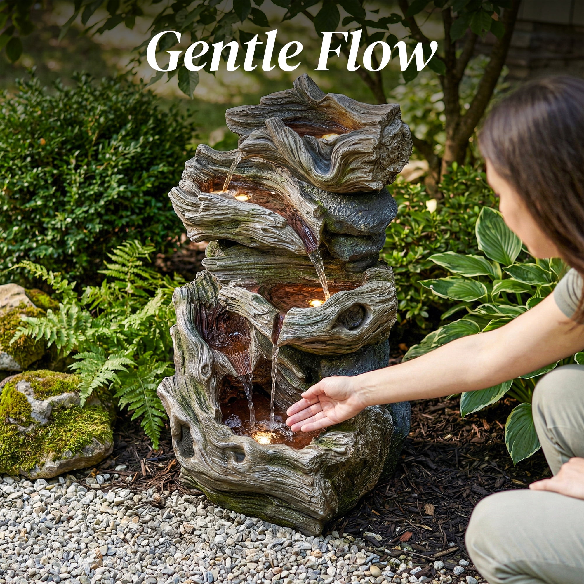 VBAL 30"H Outdoor Freestanding 5-Tier Cascading Rock Resin Water Fountain, Warm LED Light and Pump, Stone Imitation, Outdoor Water Feature for Garden, Patio, Yard, Deck, Porch, Lawn, Gray&White