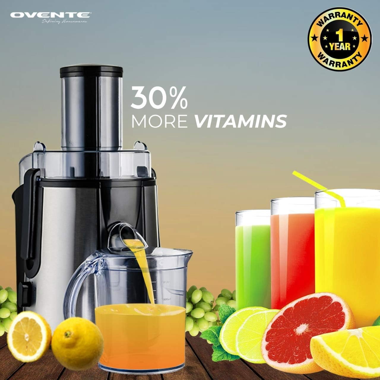 OVENTE Electric Cold Press Juicer Extractor Machine for Citrus Fruit or Vegetable, 3 Inch Feed Chute Stainless Steel Cutting Disc, 700 Watt Easy Clean Squeezer for Fresh Orange Juice, Silver JE7607BR