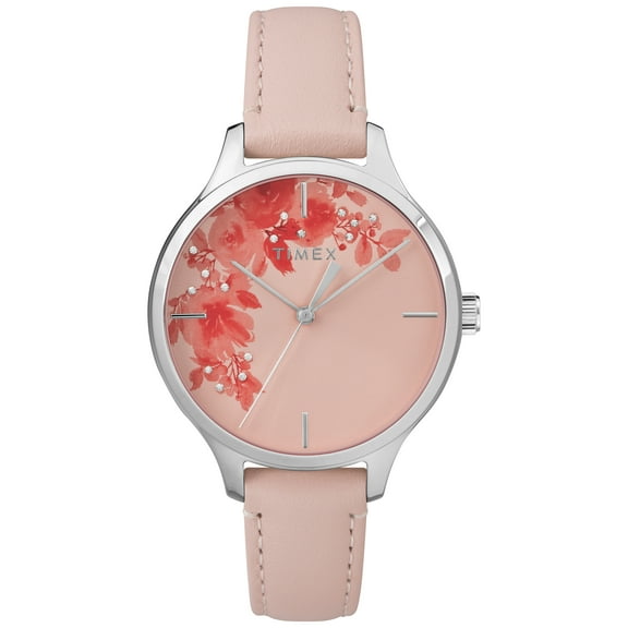 Women's Crystal Bloom Pink/Silver Floral Accent Watch, Leather Strap