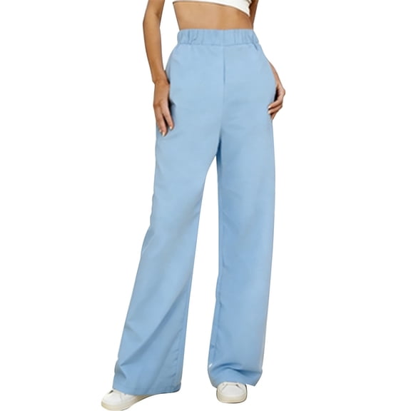 Ltctricy Women's Wide Leg Pants Trendy Elastic High Waisted Baggy Pull on Dress Work Pants Business Casual Trousers with Pockets(Light Blue,X-Large)