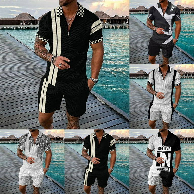 Men's Summer Outfit 2-Piece Set Short Sleeve zip Shirts and Shorts  Sweatsuit Set T1092 size L