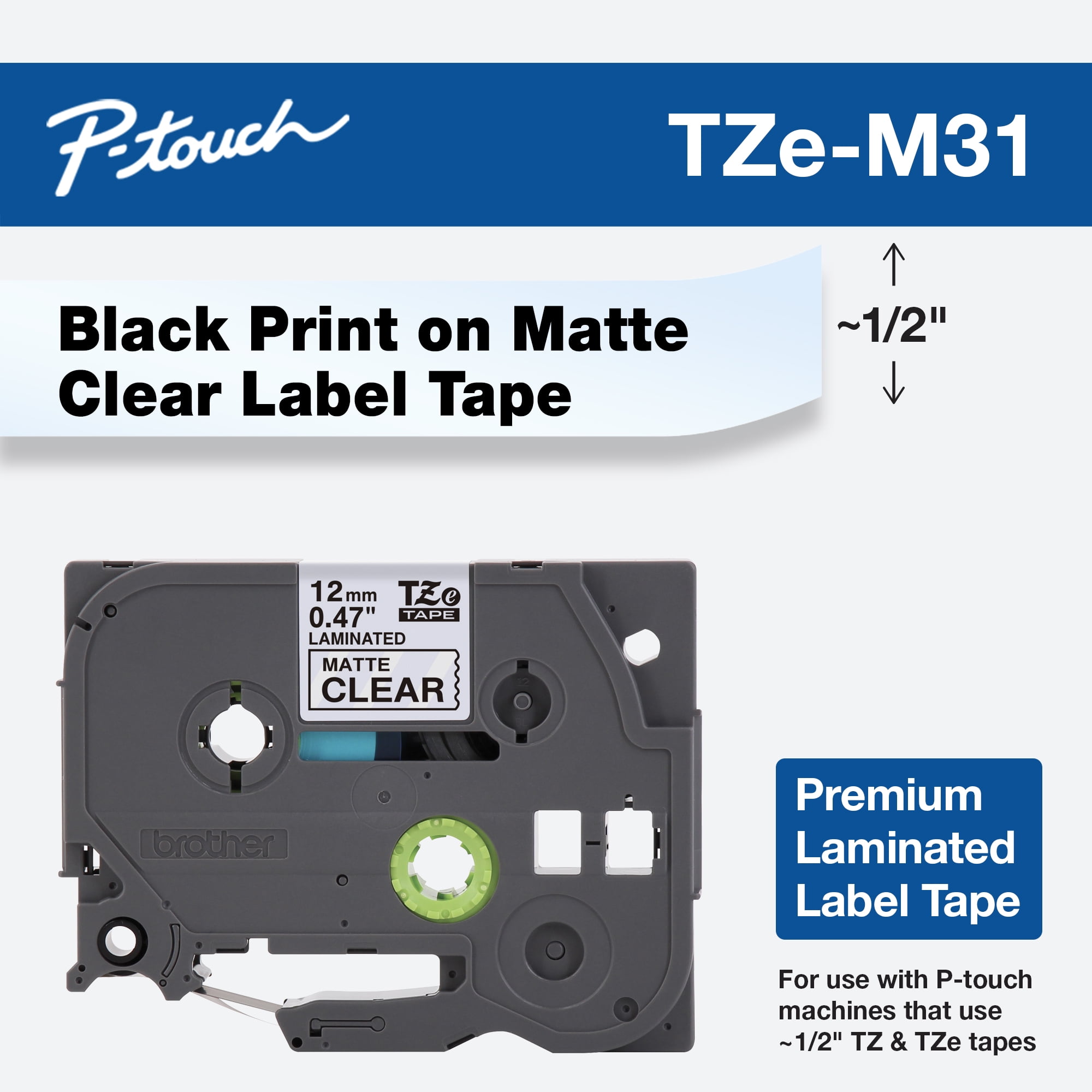 Brother Ptouch TZeM31 Black Print on Premium Matte Clear Laminated Tape