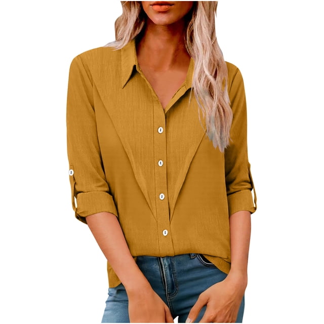 Camisas de Manga Larga para las Mujeres Loose Fit Botón de Solapa Imitación Lino Túnica Blusa de Verano