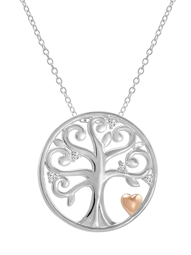Amanda Rose Simulated Diamond Tree of Life and Heart Pendant in Sterling Silver with 14K Gold Plated Heart