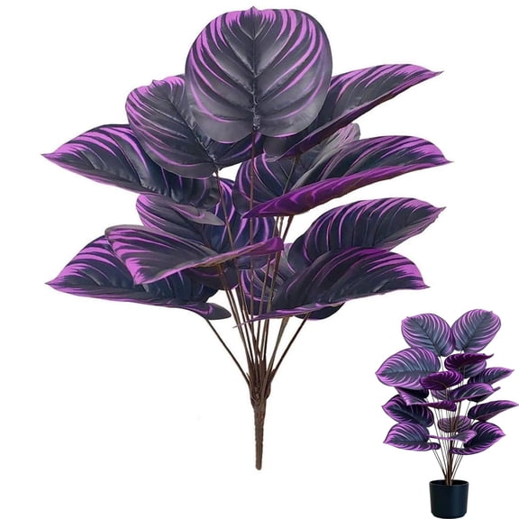 Artificial Purple Calathea Plant, Faux Tropical Potted Purple Leaf Decor, No Maintenance Realistic Fake Plant for Home Office Desk Halloween Party Room Bedroom (Purple)