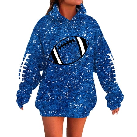 Luwomo Womens Casual Hoodies Hoodies Fashion Long Sleeve Hooded Sweatshirt Football Print Sequins Drawstring Loose Fit Pullover Streetwear Ladies Relaxed Fit Tops Blue 3XL