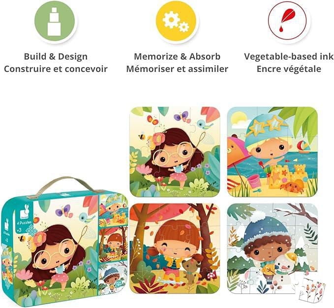 Janod • Puzzle Progressif 4 Saisons à 4 Niveaux de Difficulté • 6, 9, 12, 16 Pièces • Puzzle en Carton de 20 x 20 cm • Jouet Éducatif Cadeau pour Enfants Garçons et Filles de 3 à 5 Ans • J02658
