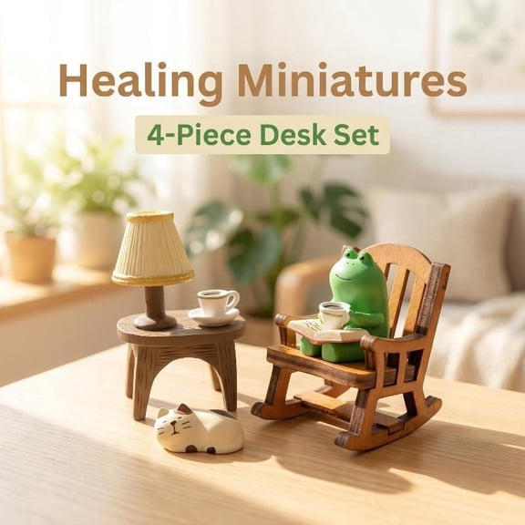 4-Piece Frog Miniature Desk Set - Cute Green Frog with Rocking Chair, Cat & Lamp Decor, Calming Office & Home Ornament