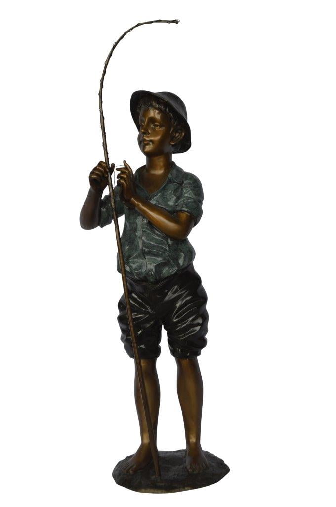 Boy with fishing rod bronze statue - Size: 11L x 14W x 44H.