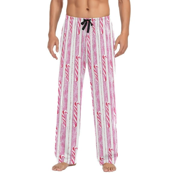 Men's Lightweight Pajama Bottoms Candy Canes Pattern Stretch Elastic Waist Side Pockets Spring Fall