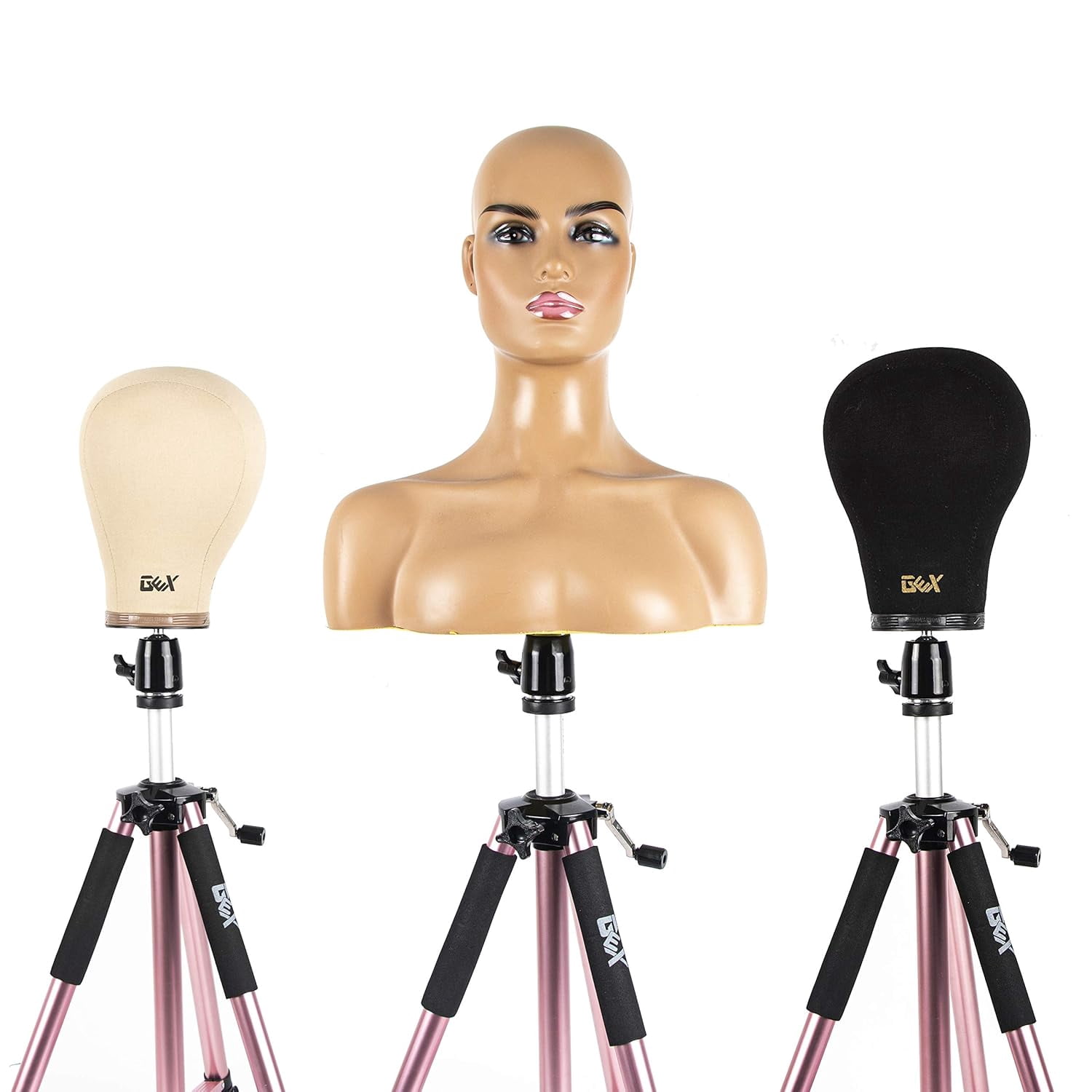 GEX Upgraded Heavy Duty Canvas Block Head Tripod Cosmetology Training Doll Head Stand Mannequin Manikin Head Tripod Wig Stand With Travel Bag (Rose Gold(Version 2.0))