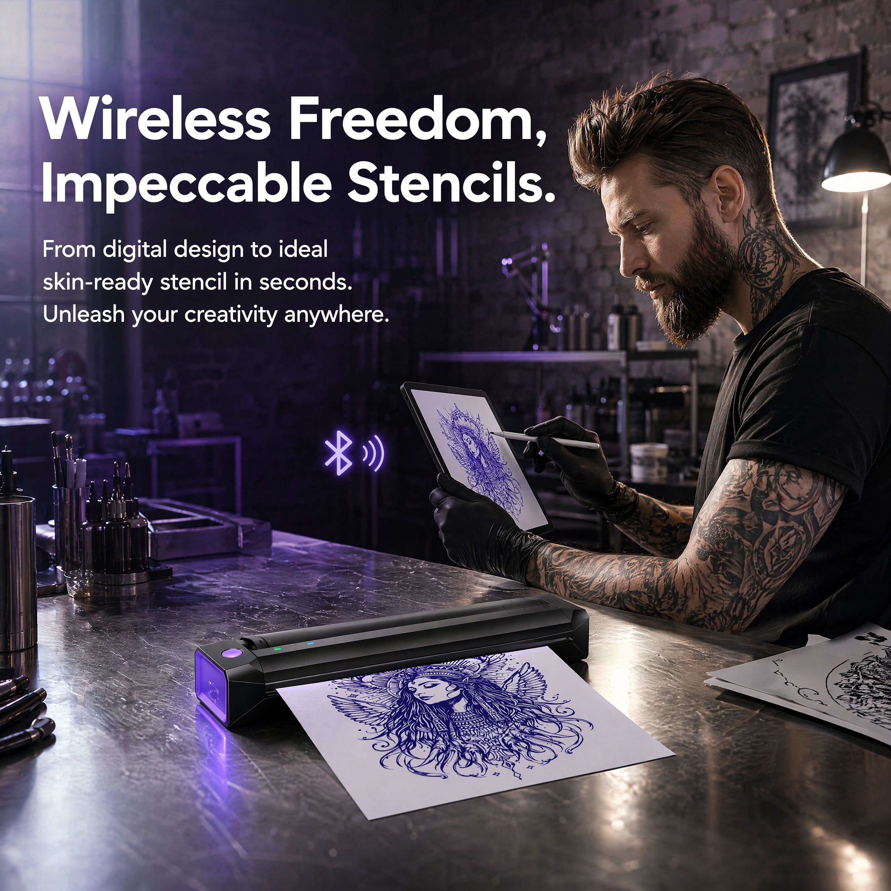Phomemo Upgraded Tattoo Stencil Printer, A881U Wireless Thermal Tattoo Printer, Essential Tattoo Equipment for Both Experienced Artists and Beginners, Compatible with Phone and PC