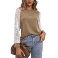 thumbnail image 2 of Blusa de encaje Mujer Mujer Manga larga Cuello redondo Casual Camiseta holgada Manga de encaje Top Caqui XL, 2 of 8