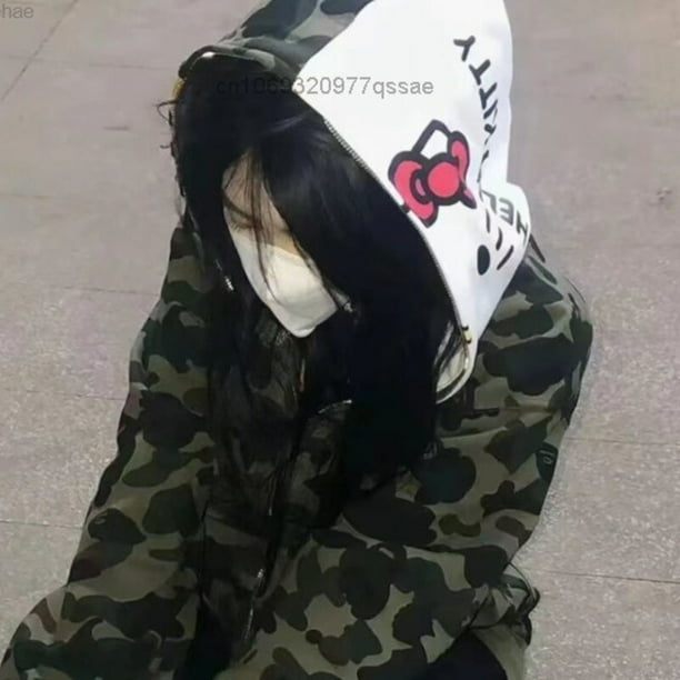 Sanrio Sudadera con capucha de Hello Kitty para hombre y mujer ropa de calle de hiphop con cremallera Y2k sueter de algodon de camuflaje suelto chaqueta de tendencia Walmart en linea
