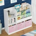 thumbnail image 2 of Kids Bookshelf and Toy Storage, Wooden Bookcase with 3 Drawers and 4 Book Display Shelf, Toy Storage Organizer with Bins, for Toddlers Kids Room Furniture/ Bedroom/ Living Room, Pink, 2 of 8