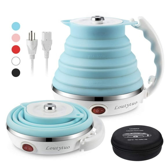 Ultrathin Upgraded Food Grade Silicone Travel Foldable Electric Kettle Boil Dry Protection Portable with Dual Voltage and Separable Power Cord,555ML 110-220V US Plug (Blue)