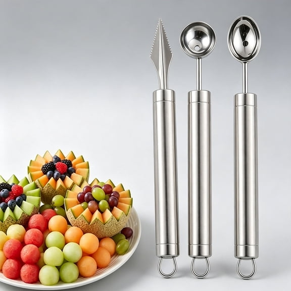 Fountwell Melon Baller Scoop Set 3 Pcs, Stainless Steel Fruit Carving Tools – Round & Oval Fruit Scooper, Carving Knife for Watermelon